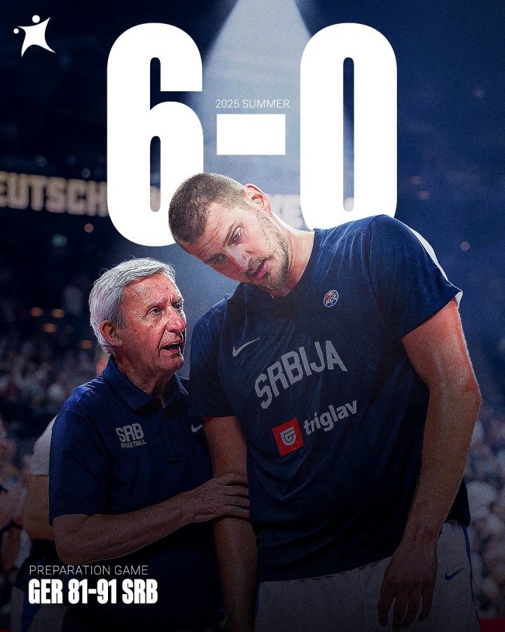 热身赛6-0！约基奇7+8+7 约维奇22分 小瓦26分 塞尔维亚91-81德国